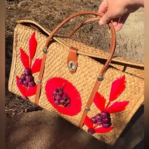 Vintage Mexican Straw Tote Beach Bag with Red and Purple Floral Accents